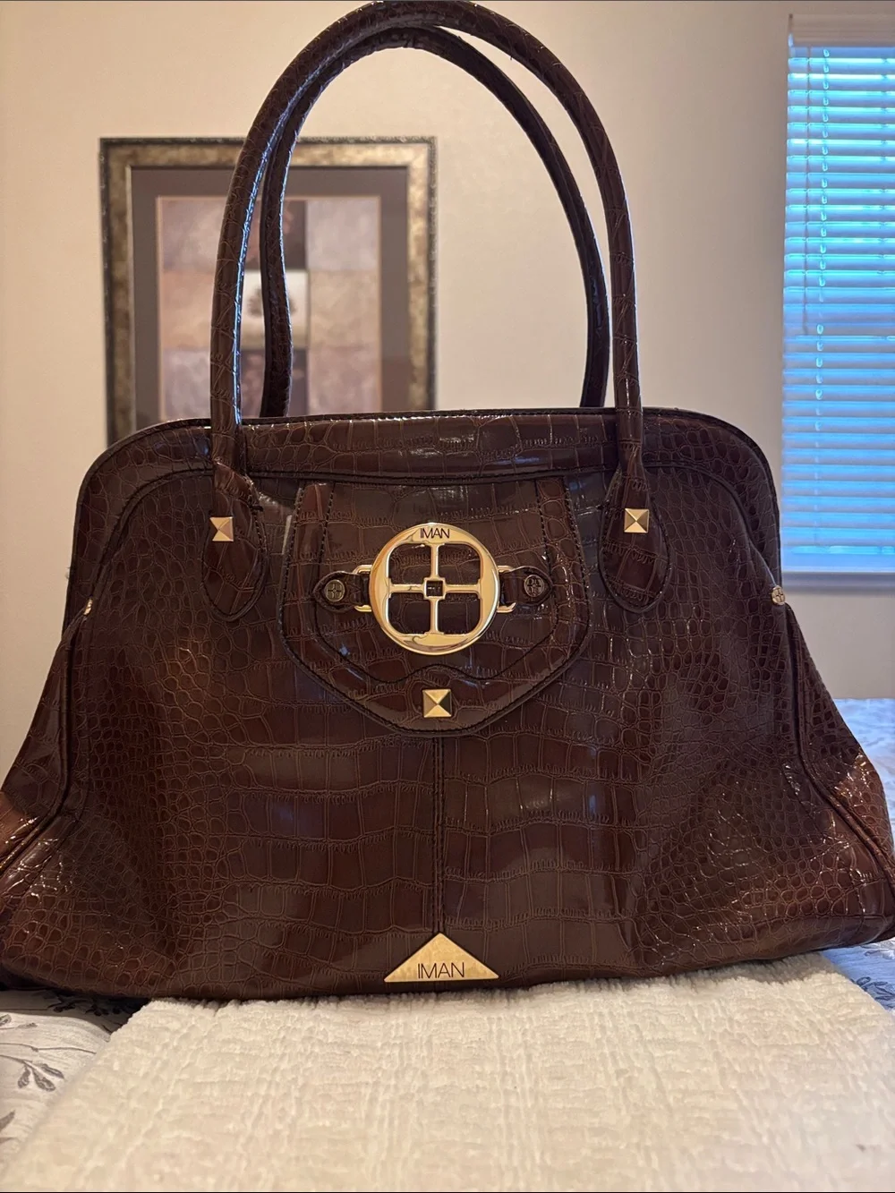 IMAN Dark Brown Croc-Embossed Tote with Gold Accents